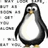 Pixelated penguin with black and white body, yellow beak, and yellow feet standing against a white background with gray pixel blocks.