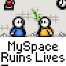 Animated contact sheet of a pixel art animation featuring stick figures and text bubbles, with repeated "MySpace Ruins Lives" text across frames.