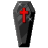 Six identical dark gray coffin-shaped icons with red crosses on a light gray background, arranged in two of three