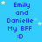 Blue background with white stars and repeated text "Emily and Danielle My BFF :D" in blue font across four