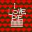 Pixelated icon with 'I LOVE PE' text over a cake, set against a red heart pattern background.