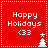 Red square icon with white dotted border displaying "Happy Holidays <33" text and a small Christmas tree in the bottom-right corner.