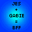 Four identical pixelated text on blue gradient backgrounds display 'JES + GABIE = BFF' in black block letters