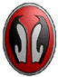 Circular red icon with black and white stylized 'Y' symbols, silver border, rotating through multiple angles on gray background.
