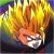 Pixelated image of a character with spiky orange hair and a white and red outfit, set against a multicolored background.