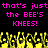 Pixelated text in bright pink reads "that's just that's just the BEE'S KNEES!" repeated twice above a of yellow pixelated hands with black outlines