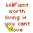 Pixelated brown text on white background with pink and green heart symbols replacing letters in 'life' and 'love'.
