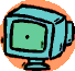 A cartoon-style animation of a computer monitor transforming into a bug-like creature with multiple legs and eyes, set against green circular backgrounds.