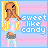 Pixel art contact sheet showing five animated frames of a cartoon character with long blonde hair wearing a crop top and shorts against a pink-blue gradient background with "sweet like candy" text.