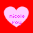 Four pink heart shapes on a red background, each containing the text 'nicole roy' in purple pixelated font.
