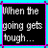 Four square with black backgrounds and pink borders display text in white pixelated font, arranged in a on a cyan background