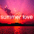 Pixelated sunset scene with silhouetted figure jumping over water, mirrored reflection below, and 'summer love' text overlay in white block letters.