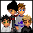 Animated contact sheet of 12 frames showing pixel art characters and text variations for "the starting line" icon.