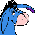 Pixelated blue cartoon donkey with black mane and purple tail tip, pink nose, visible eye, static single-frame image on gray background.