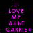 A static image displays the phrase "I LOVE MY AUNT CARRIE" in bright pink pixelated text on a black background, with variations of punctuation and symbols at the end of each line.