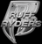 Pixelated grayscale icon featuring a stylized metallic logo with overlapping text elements and curved shapes on black background.