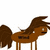 Brown cartoon character with long flowing hair and buttoned torso stands on a gray platform, facing a brown horse-like figure with a dark patch on its side.