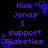 Purple pixelated text and geometric shapes on black background with 'Nick Jonas' and 'I support diabetes' text elements.