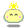 Yellow rounded character with closed eyes, pink cheeks, green outline, and yellow star crown on gray background.