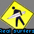 Yellow diamond-shaped sign with black pedestrian symbol holding white surfboard, overlaid on ocean scene of surfer riding wave and text reading "real surfers dont pretend they ride".