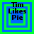Four identical pixelated squares display "Tim Likes Pie" text with layered blue and green borders on a solid green background.