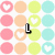 A static image with a repeating pattern of pastel-colored circles containing white heart shapes, overlaid with multiple text variations of 'Liz' in bold black font.