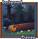 Pixel art scene showing a fallen tree trunk in a forest with dark trees, blue sky patches, and small yellow flowers on green grass.
