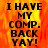 Text-based image with bold black letters on a fiery orange-yellow background, displaying 'I HAVE MY COMP. BACK YAY!' in four identical