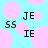 Pixelated text 'JE', 'SS', and 'IE' arranged on a light blue background with pink circles.