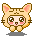 Four pixel art frames of a cat-like character with pink cheeks and brown stripes in various poses against gray background