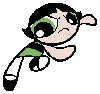 Two pixelated cartoon characters in mid-air poses with green tops and white pants, one with a green eye patch, the other with a pink eye patch.