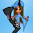 Pixel art character dancing with an axe on a blue gradient background, displayed as a 3x3 contact sheet of animated frames.