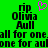 Green background with black pixelated text reading 'rip Olivia Aull' and 'all for one all for one. one for aubne for aul', plus a pink heart symbol above the left side.