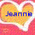 Pixelated icon with blue text 'Jeannie' over a yellow-orange heart shape surrounded by pink and white patterns.