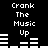 Black background with white pixelated text reading "Crank The Music Up" and audio equalizer bars that change shape across frames.