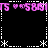 Pixelated pink text and white symbols on black background with dashed borders, repeating across top and bottom sections.