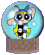 Three static views of a cartoon character inside a snow globe with light blue glass and brown base, showing different arm positions.