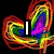 Rainbow-colored swirling lines form a heart shape with 'I Love' text on black background; lower section shows 'Draven' text over faint multicolored heart outlines on white.