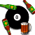 A black 8-ball with white center, surrounded by three pool cues and a beer mug on the left; green text 'Original Icons .com' appears on dark green background to the right.