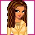 Pixel art contact sheet of a female character in multiple poses with text elements, displayed on a gray background.