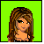 Pixel art of a female character with brown hair, black outfit, and green text overlays on black and green backgrounds