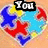 Heart-shaped puzzle with blue, red, and yellow pieces; black text boxes display 'You', 'complete', and 'me' across three
