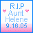 Pixel art memorial icon with 'R.I.P Aunt Helene 9.16.05' text, pink hearts, and gradient background in blue/pink tones.
