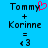 Blue background displays 'Tommy + Korinne = <3' text with a pink heart symbol above Tommy on the left side.