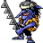 Pixelated character with blue skin, yellow shoulder pads, and a gray helmet holding a large serrated sword in various poses against a gray background.