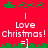 Red background with green pixelated reindeer and sleighs above and below white text reading "Love Christmas!" in two