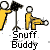 Yellow figures with white heads stand beside a black microphone on a stand, one figure seated and kicking a soccer ball while text reads "Snuff Buddy" below.