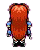 Pixelated character with long red hair viewed from behind, wearing blue shoulder armor and black boots, shown in three sequential poses against gray background.
