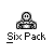 Pixelated character with white face and black outline in multiple poses above text reading Six Pack on gray background.