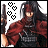 Pixelated character with long black hair and red blindfold wears dark armor under a red cloak, holding a large gun while hearts float in the background.